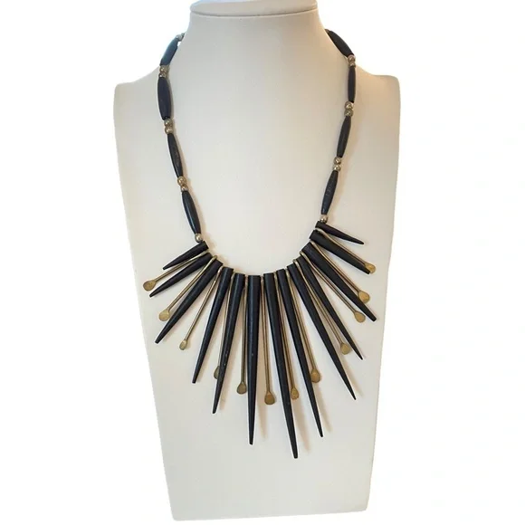 Vintage ebony wood black gold spikes kinetic statement necklace brutalist